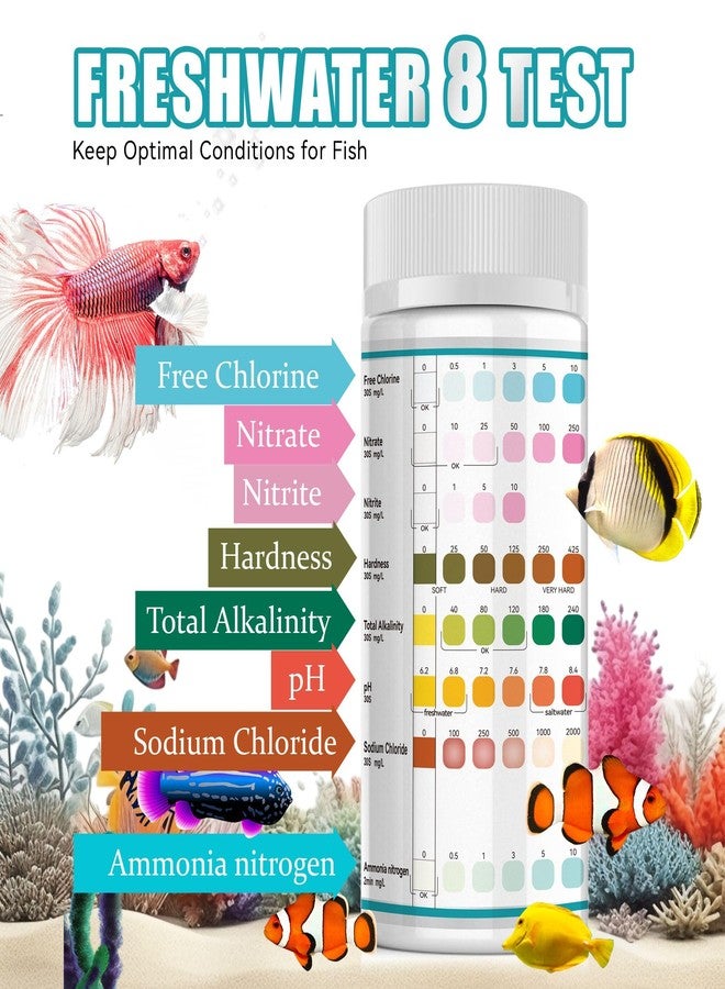 Merydi Aquarium Test Strips,8 Way Aquarium Ammonia Test Strips for Saltwater Freshwater Aquariums,Pond Fish Tanks,150 Aquarium Test Kit-Test pH, Alkalinity,Nitrate,Ammonia and More - Image 2